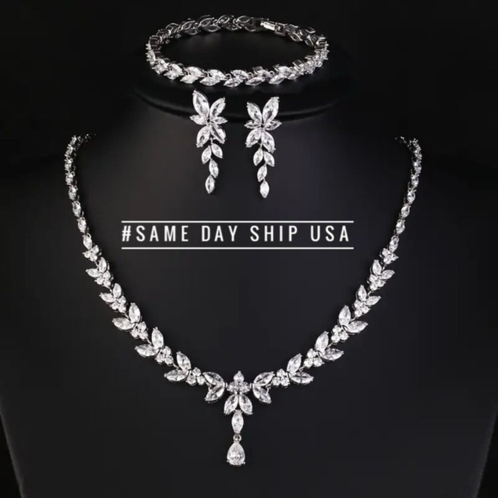 18k Silver Wedding Jewelry Set Bridal Necklace Set Crystal Earrings Prom Jewelry
